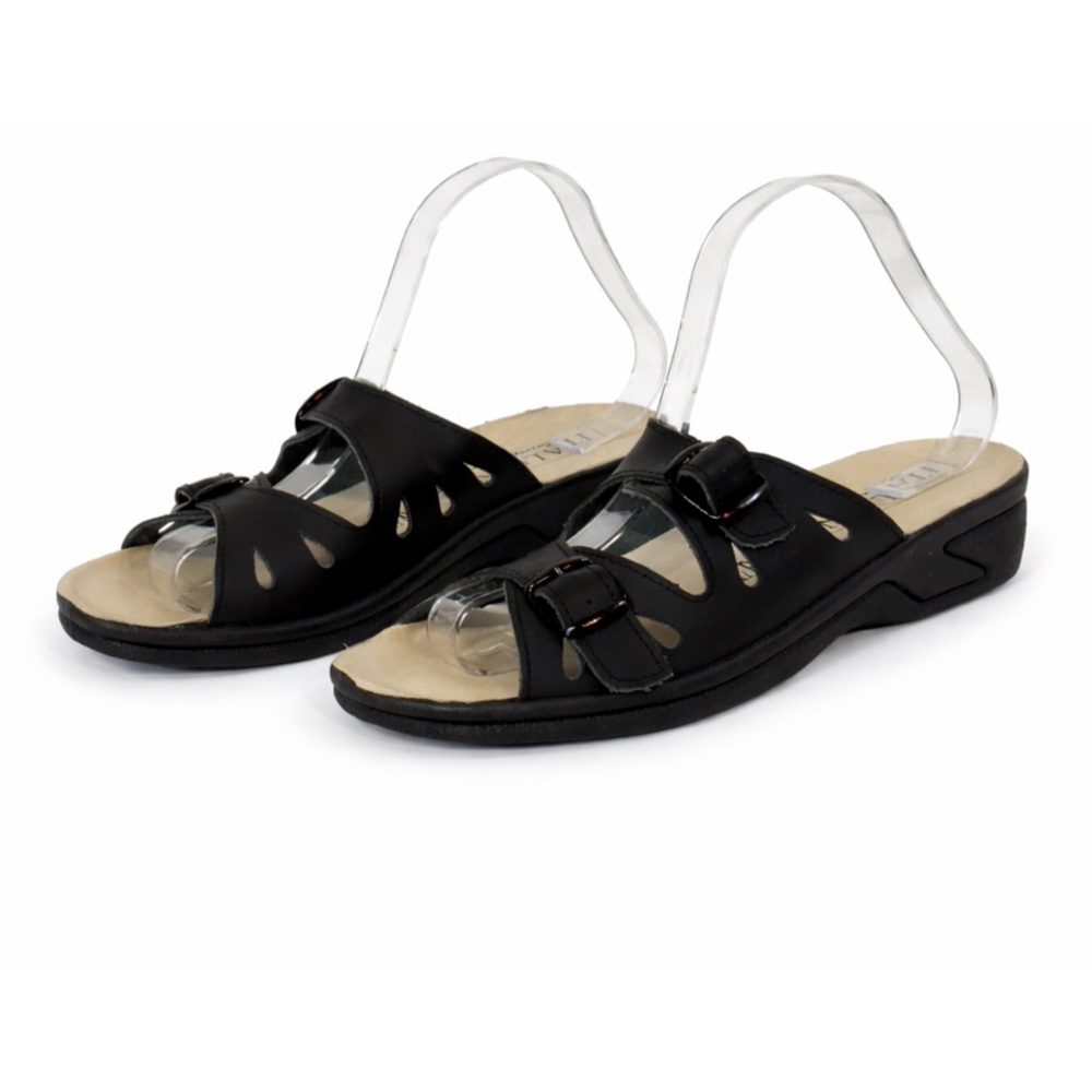 ITALIAN Comfort Black Leather Sandals Women's Size 9 Walking Slides Buckles